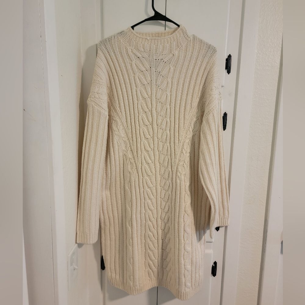 Express Cable Knit Long Sleeve Mock Neck Midi Sweater Dress Large